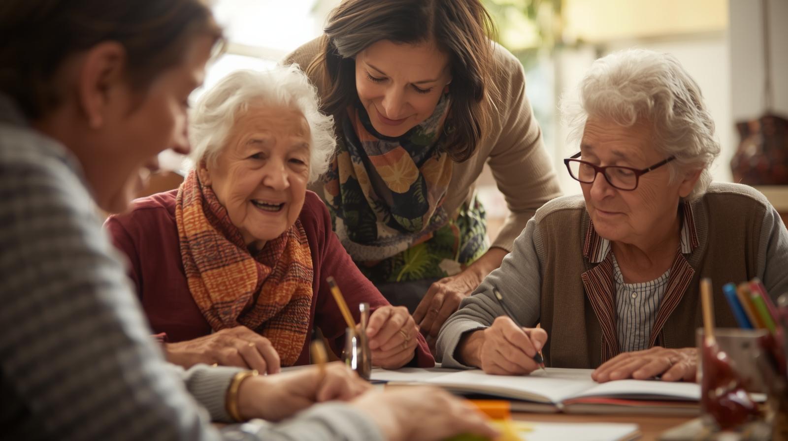 Idosos em sala de aula aprendendo a ler e escrever